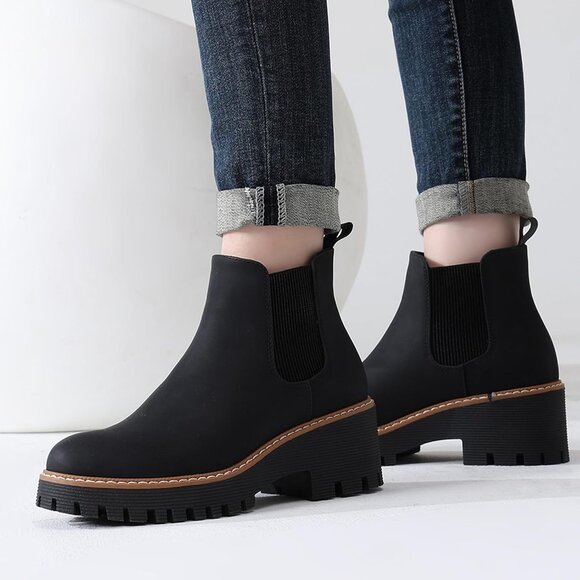 Womens Black Faux Leather Low Wedge Heel Slip On Chunky Platform Ankle Boots - Picture 5 of 8